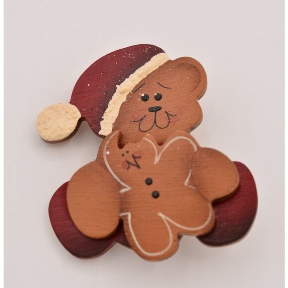 Vintage Teddy Bear Pin Brooch Painted Wooden Cutout Christmas Holiday 90s BinBA - Picture 2 of 12